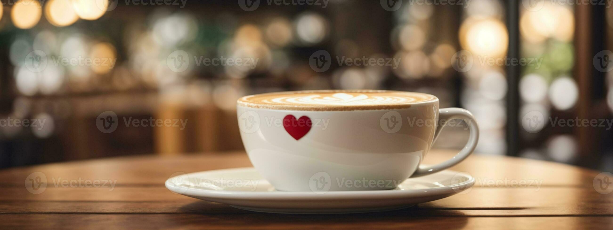 fechar acima branco café copo com coração forma café com leite arte em madeira aba. ai gerado foto