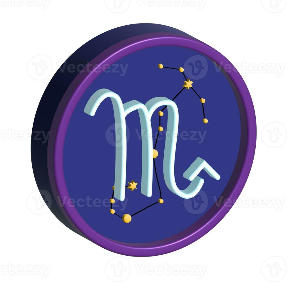 Escorpião zodíaco placa. volta 3d volumétrico placa com a constelação do Escorpião. azul ícone em uma branco fundo foto