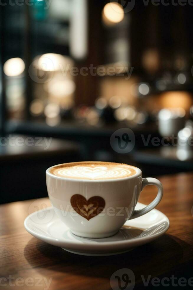 fechar acima branco café copo com coração forma café com leite arte em madeira aba. ai gerado foto