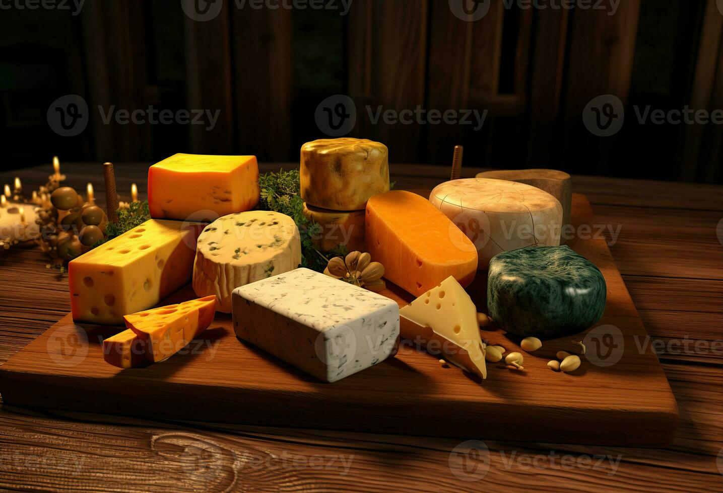 vários tipos do queijo em rústico de madeira mesa. criada com generativo ai foto