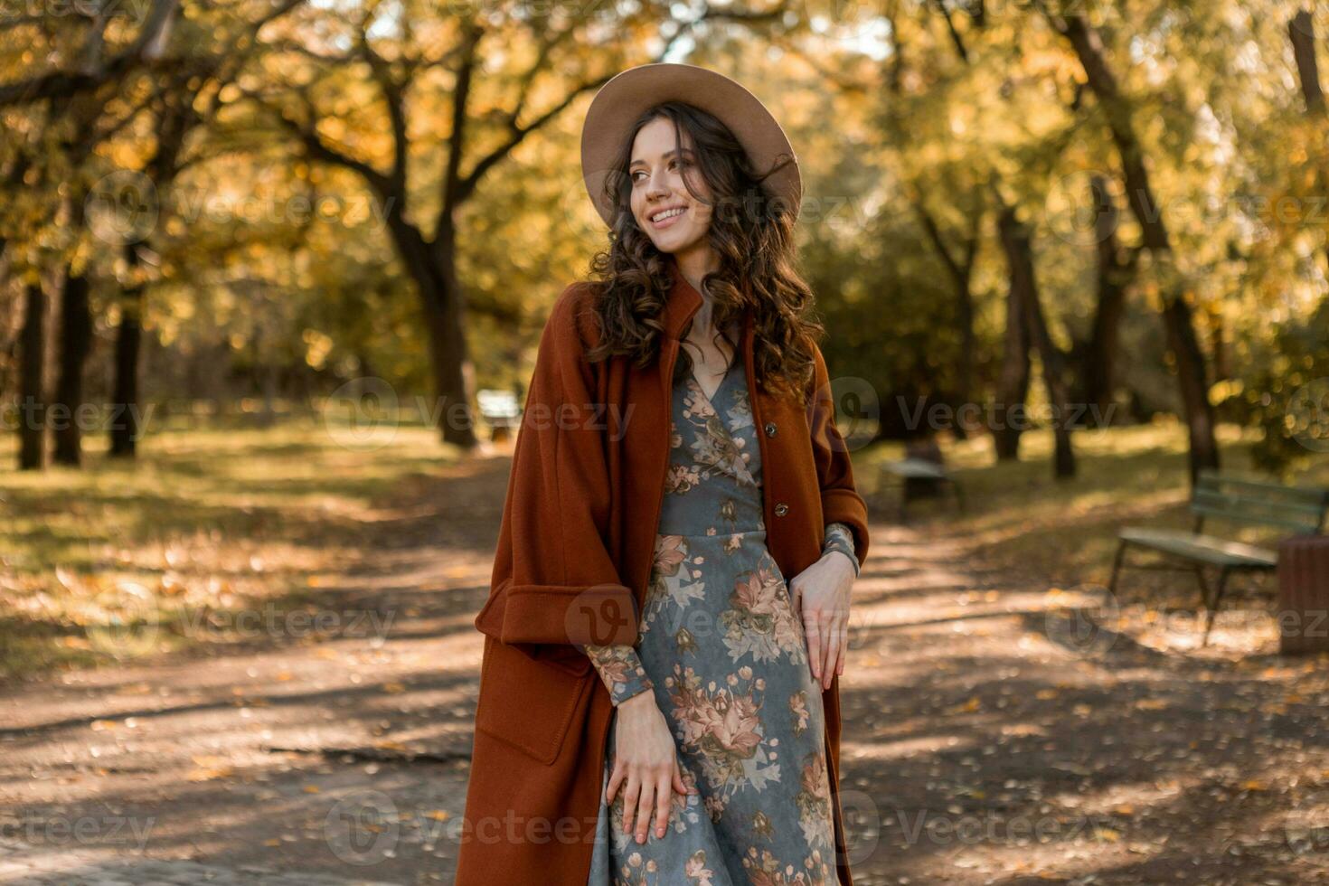 atraente à moda mulher caminhando dentro parque vestido dentro caloroso Castanho casaco foto