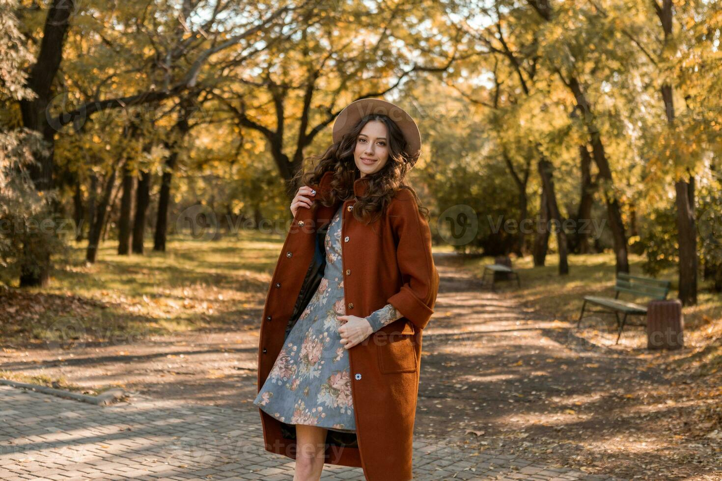 atraente à moda mulher caminhando dentro parque vestido dentro caloroso Castanho casaco foto