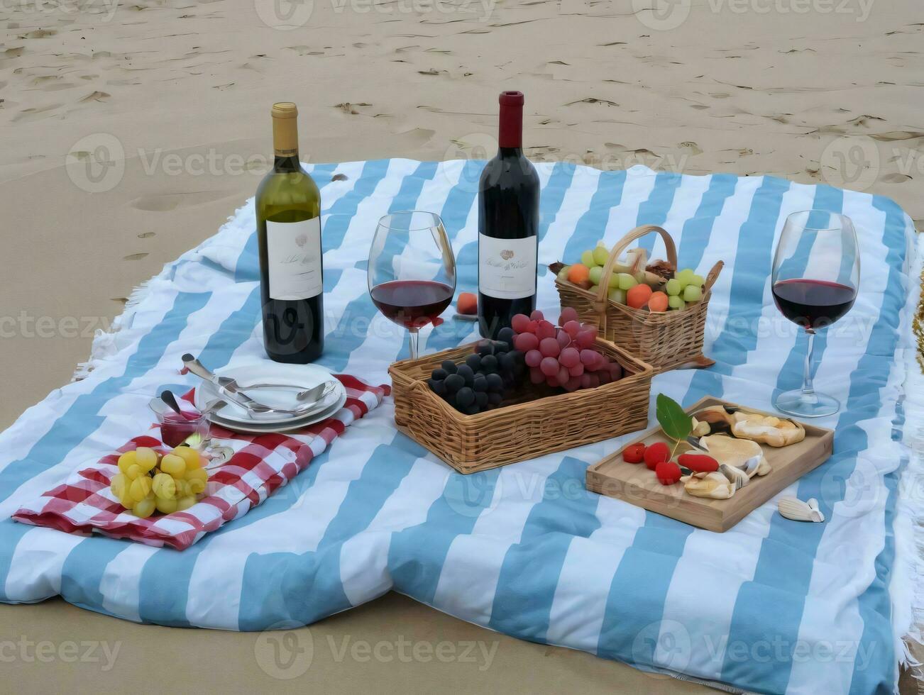 uma casal do garrafas do vinho sentado em topo do uma azul e branco cobertor. ai gerado foto