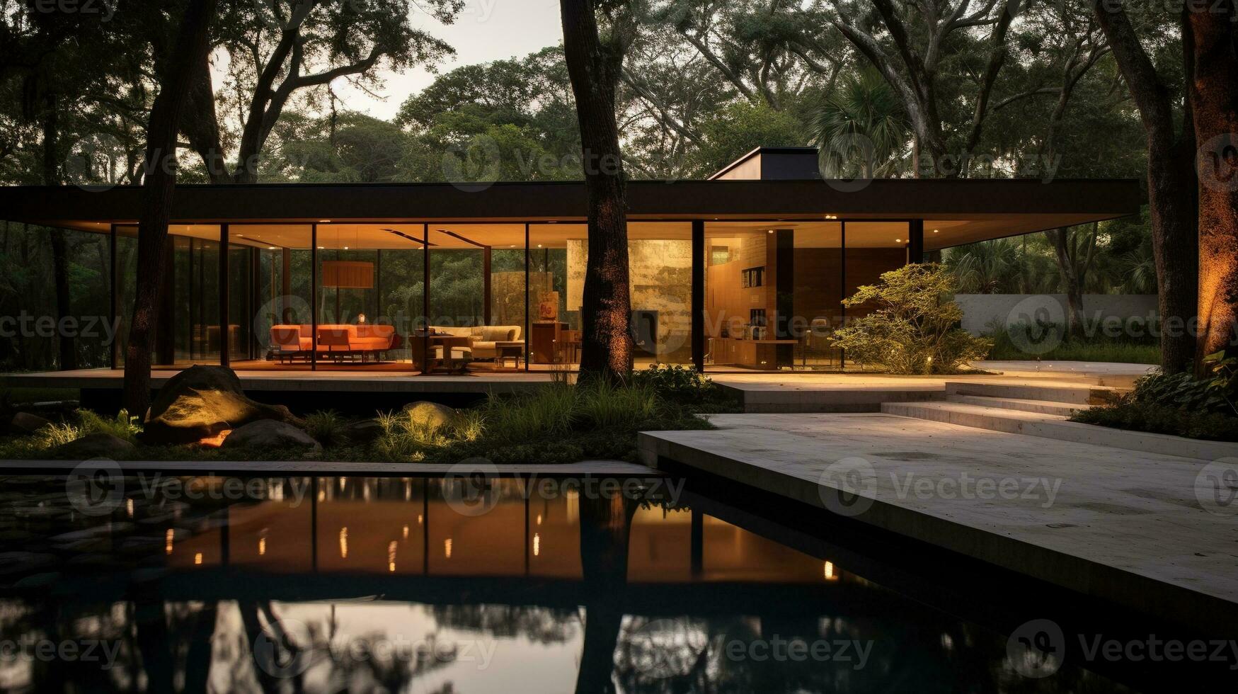generativo ai, Visão do natação piscina dentro frente do uma moderno luxo casa iluminado dentro a tarde foto