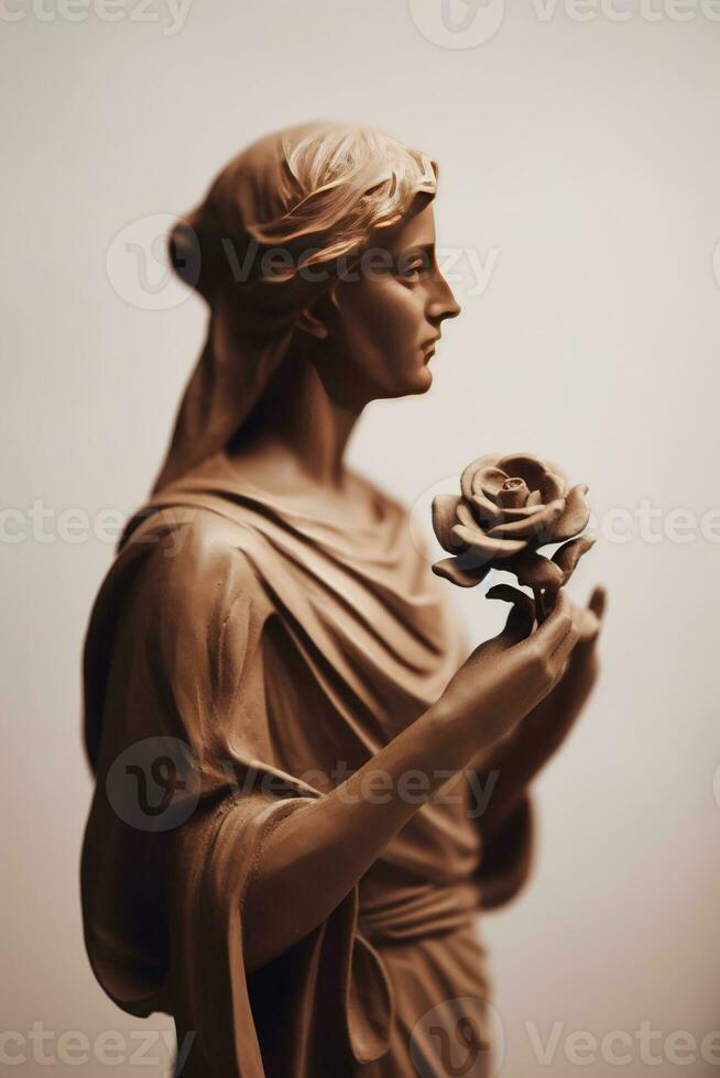 generativo ai, fotorrealista Antiguidade escultura e flores, silenciado neutro cores, 3d estilo cerâmico estátua foto