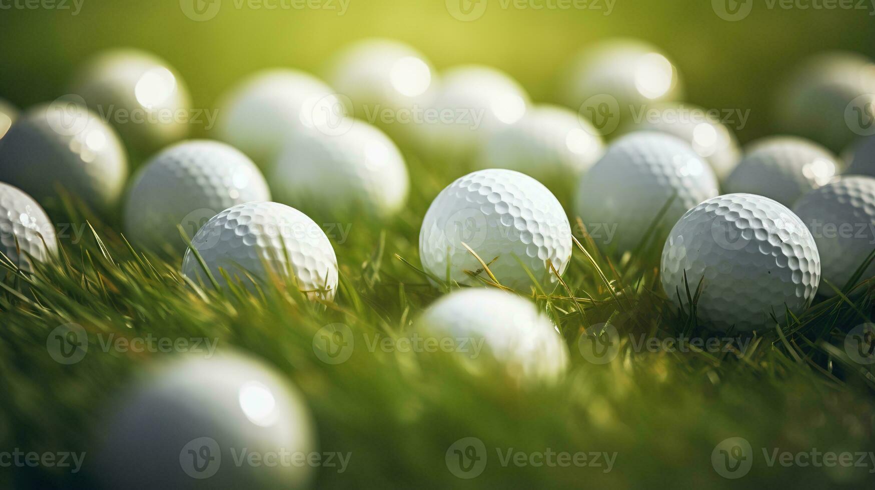 generativo ai, fechar acima golfe bolas em verde grama, golfe curso fundo foto