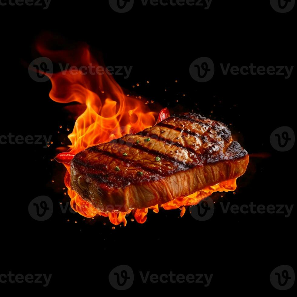 saboroso quente grelhado bife dentro uma chama em uma Preto fundo. ai gerar foto