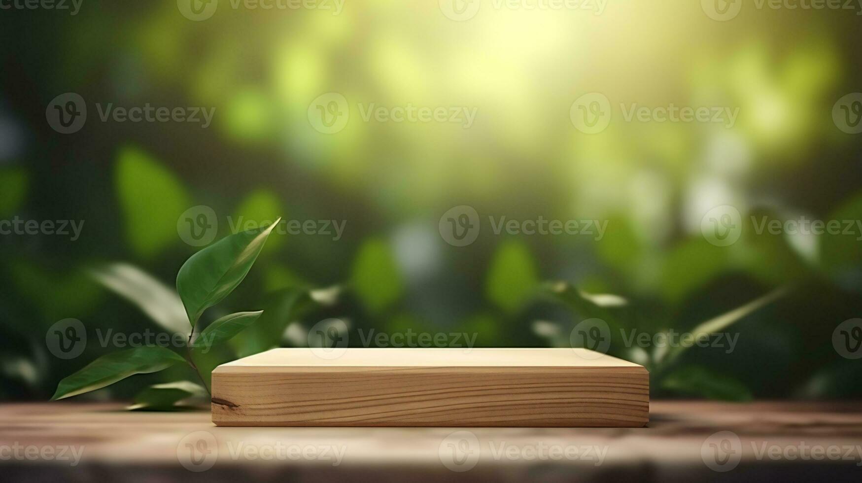 de madeira caixa em uma mesa com verde folhas ai generativo foto