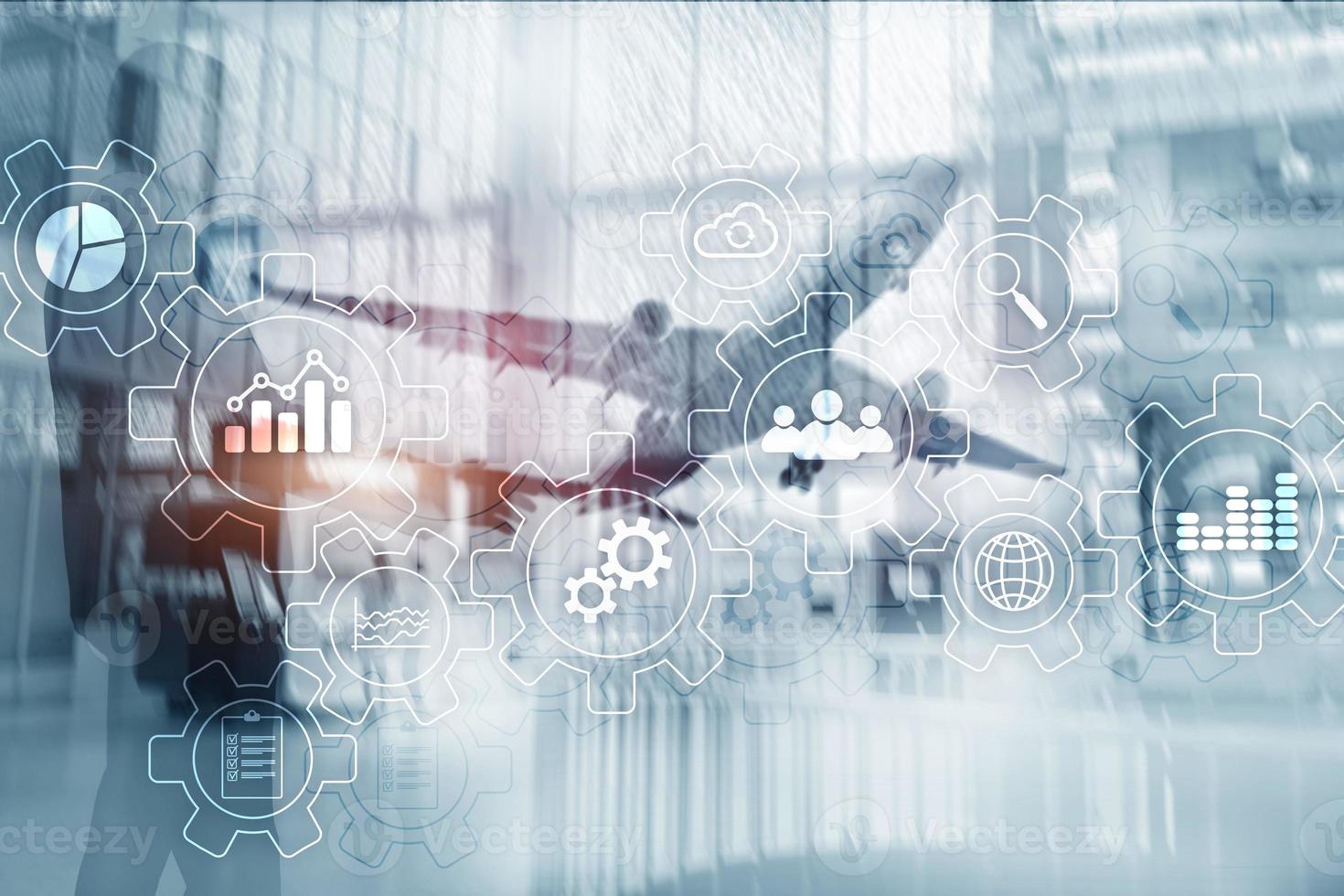 diagrama abstrato do processo de negócios com engrenagens e ícones. fluxo de trabalho e conceito de tecnologia de automação. foto