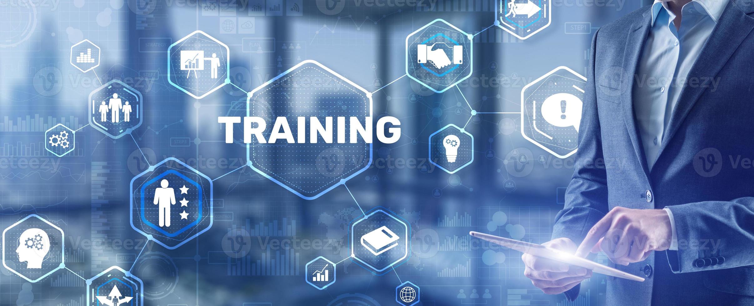 e-learning de treinamento por webinar. tecnologia financeira e conceito de comunicação foto
