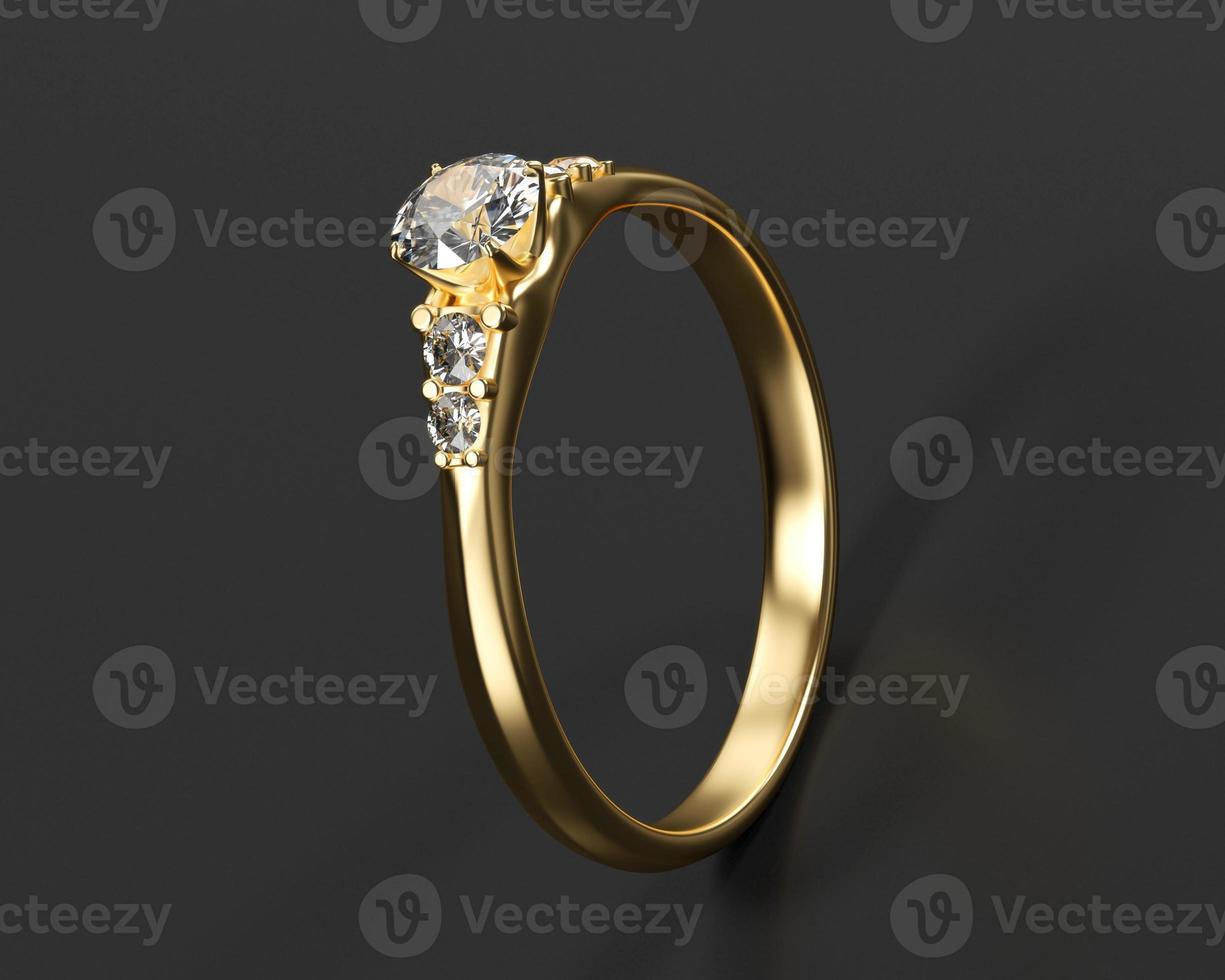 anel de diamante de ouro isolado no fundo preto, renderização em 3d. foto