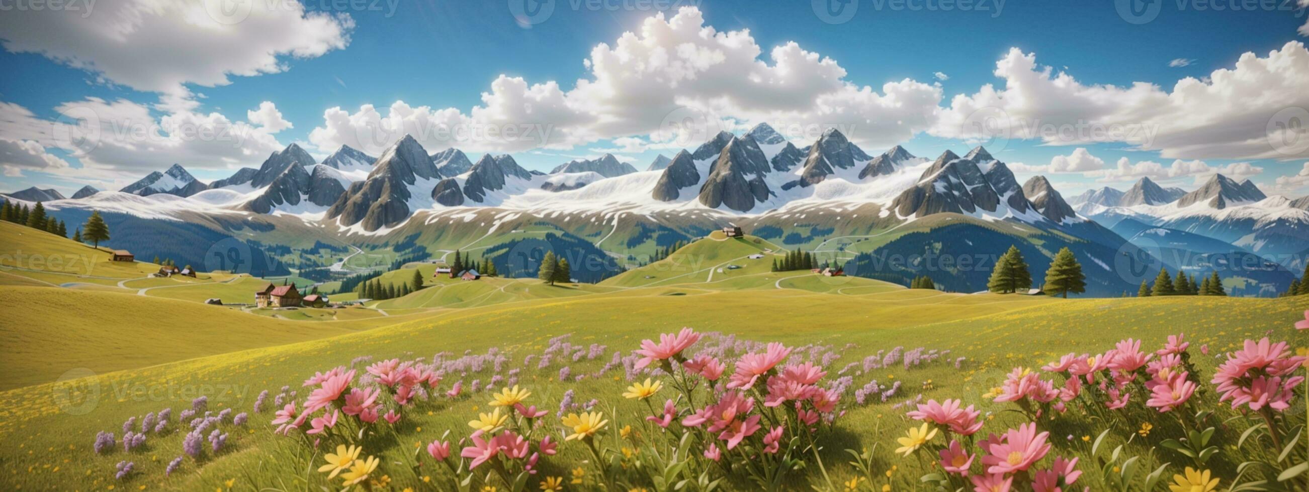 idílico montanha panorama dentro a Alpes com florescendo prados dentro primavera. ai gerado foto