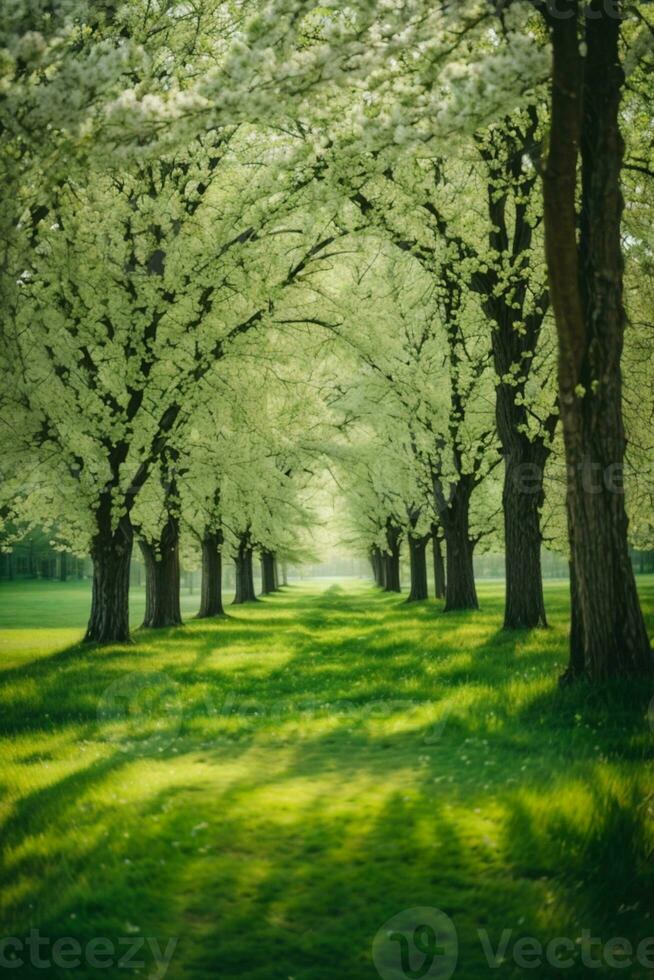 Primavera natureza. lindo panorama. verde Relva e árvores ai gerado foto