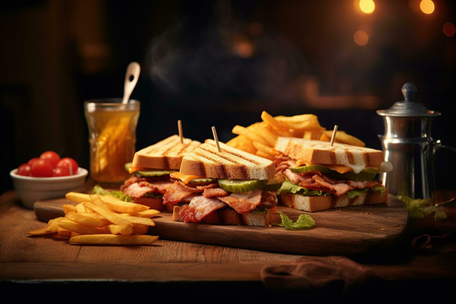delicioso clube sanduíches em uma de madeira borda ai gerado, ai generativo foto