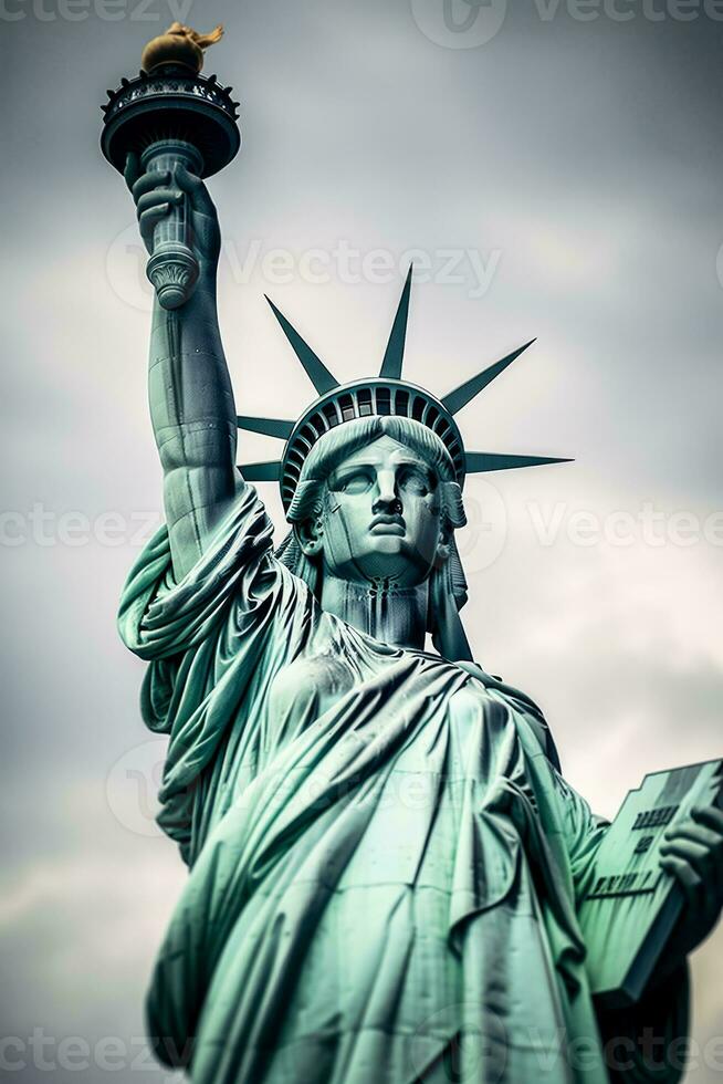 estátua do liberdade fechar acima Horizonte fundo com esvaziar espaço para texto foto