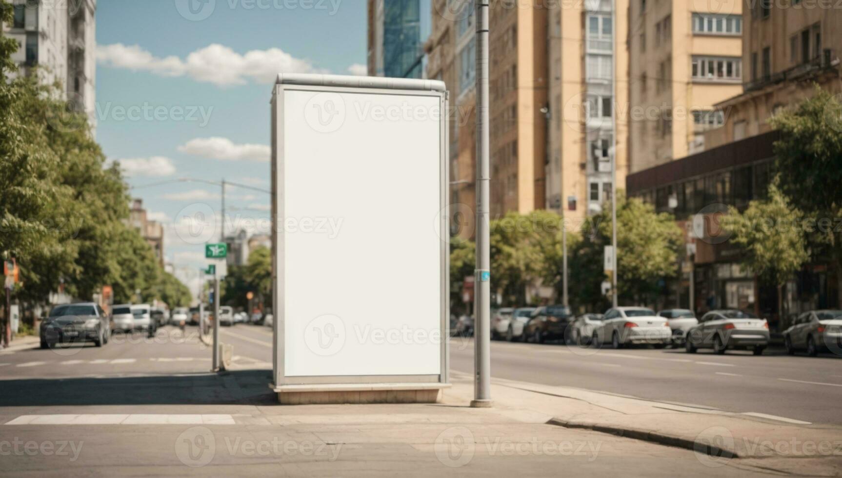 vertical em branco branco Painel publicitário às ônibus Pare em cidade rua. dentro a fundo edifícios e estrada. zombar acima. poster em rua Próximo para estrada. ensolarado verão dia.. ai gerado foto