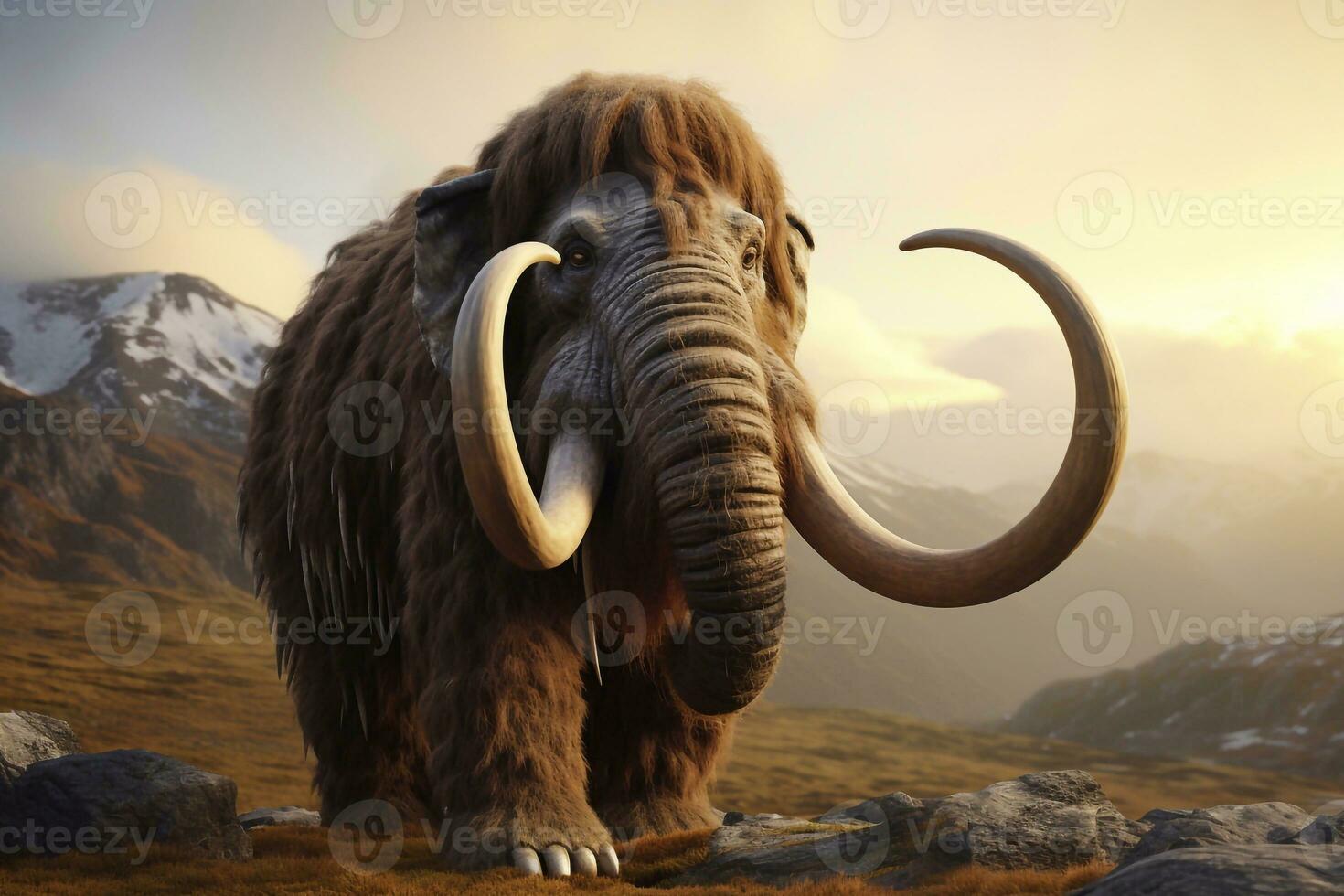 3d render do uma ampla lanoso mamute em uma montanha panorama generativo ai foto