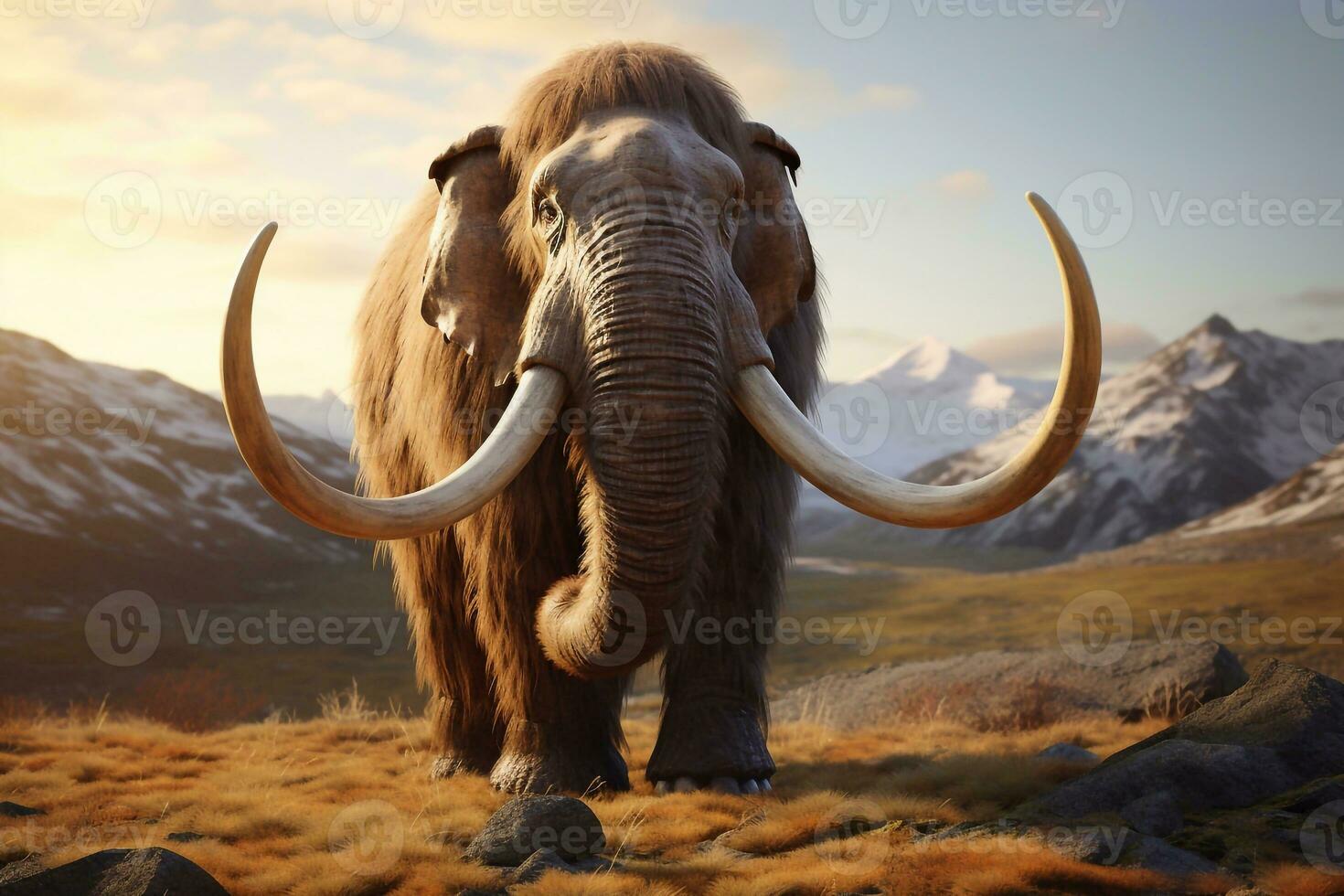 uma foto do 3d render do uma ampla lanoso mamute em uma montanha panorama generativo ai