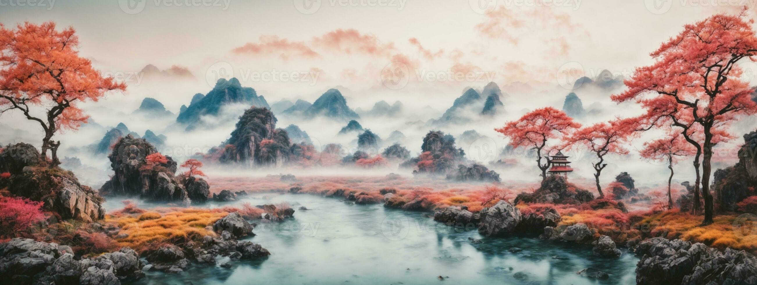 chinês tinta e água panorama pintura. ai gerado foto