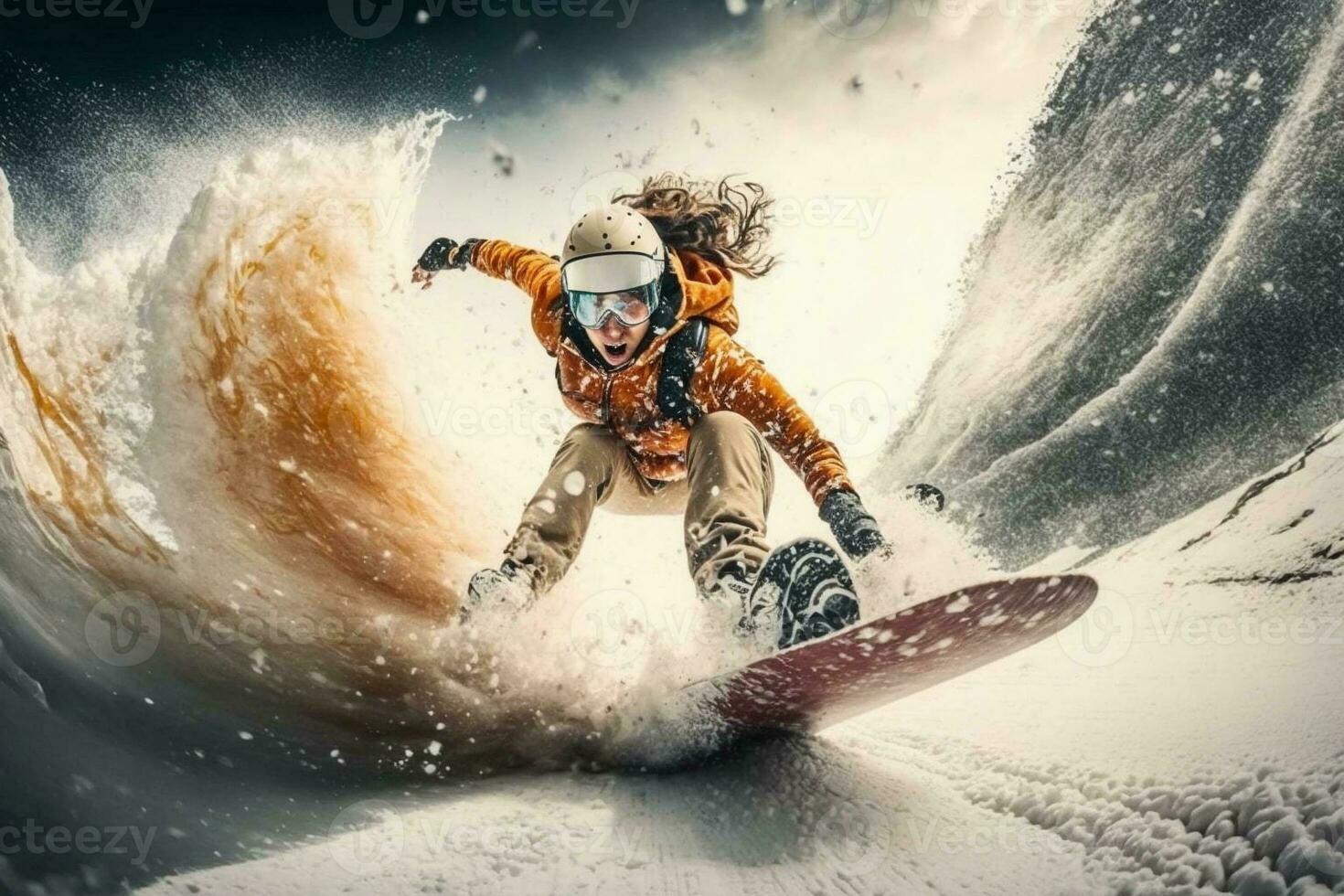 uma jovem menina em uma snowboard corre às ótimo Rapidez a partir de uma Nevado montanha. extremo esporte. ir pró Largo ângulo tomada. foto