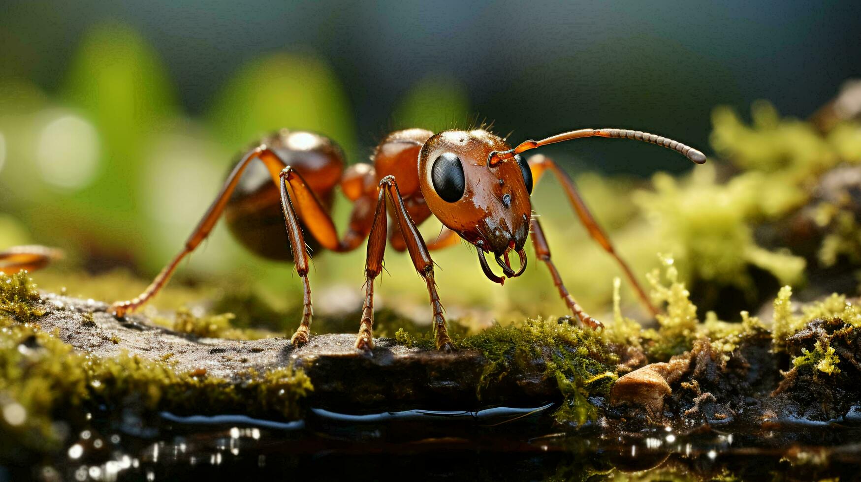 uma pequeno vermelho formiga rasteja em verde grama, fechar Visão do a inseto foto