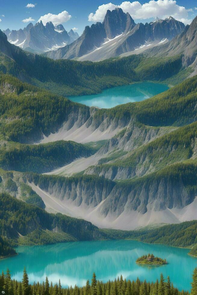 ai gerado. ai generativo - majestoso montanhas abraço uma sereno lago, uma tirar o fôlego panorama do intocado beleza foto