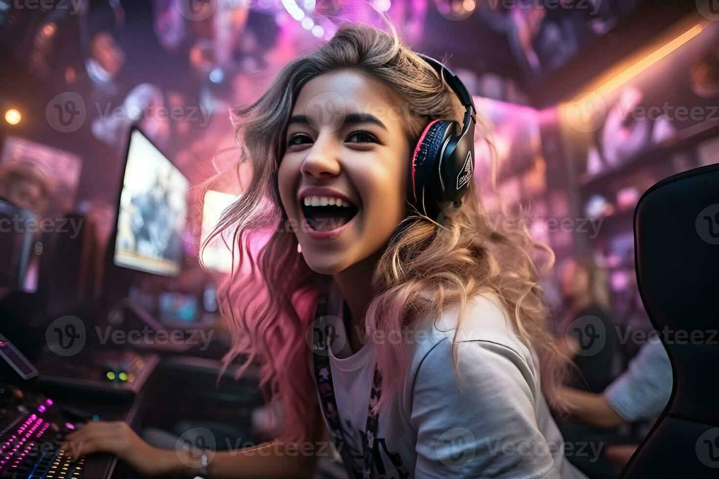 profissional e-sport jogador adolescente mulher com feliz expressão dentro jogo cibernético torneios. atiradores, cyber esporte, esport conceito generativo ai foto