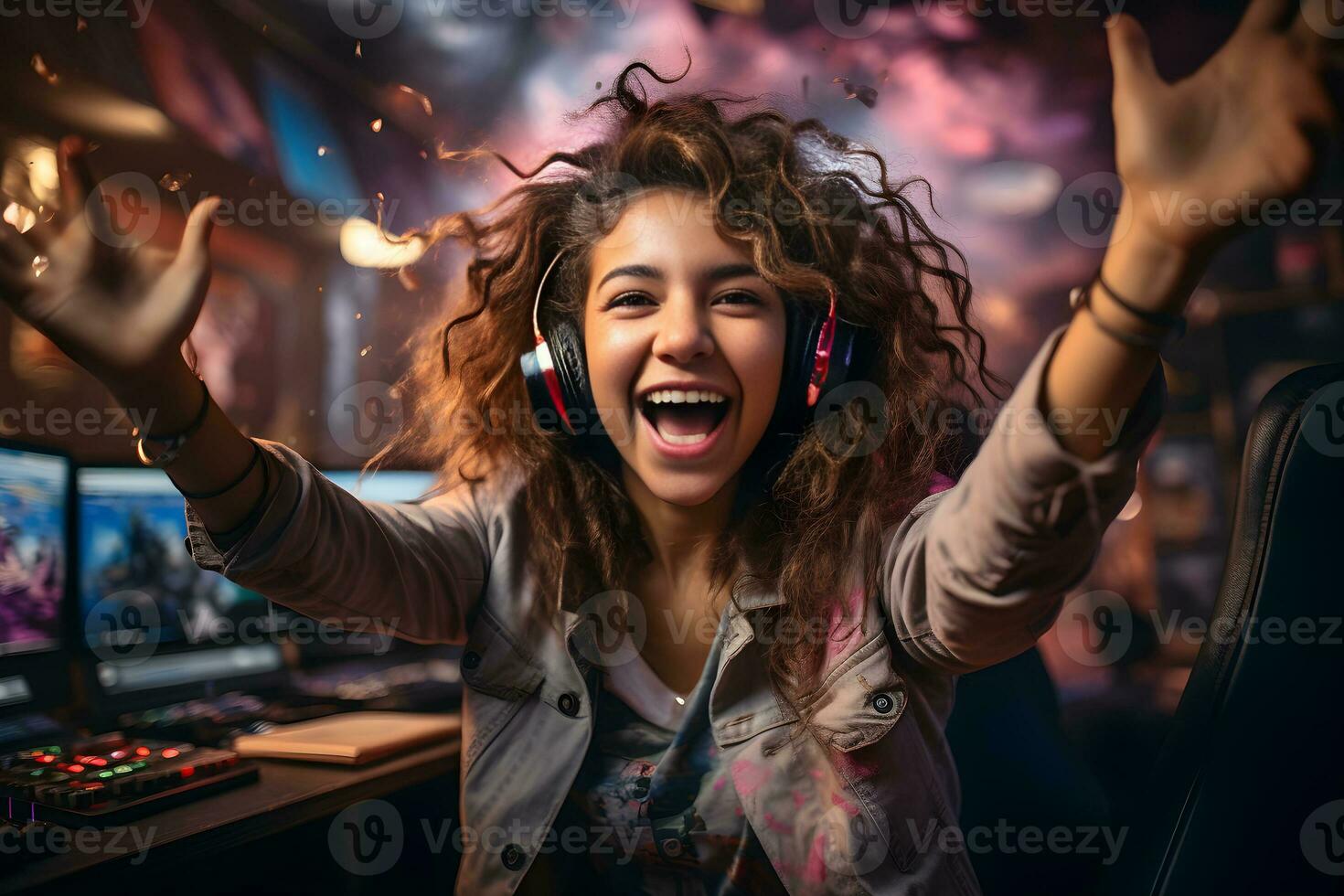 profissional e-sport jogador adolescente mulher com feliz expressão dentro jogo cibernético torneios. atiradores, cyber esporte, esport conceito generativo ai, ilustração foto