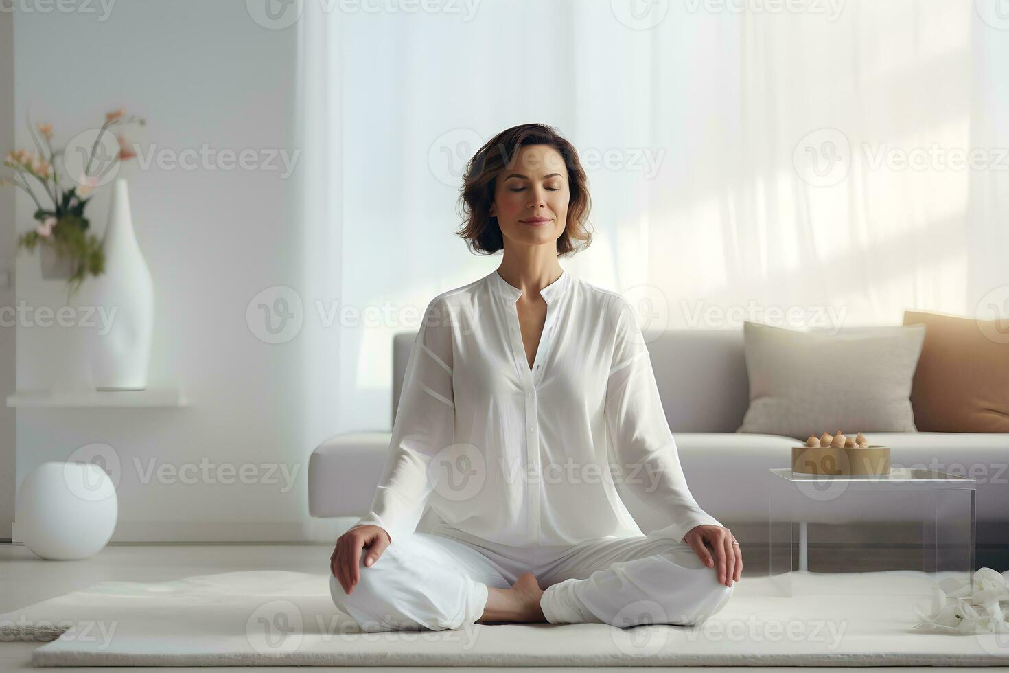 calma do bem estar meio envelhecido mulher sentar dentro vivo quarto ioga meditação, relaxar e confortável às branco acolhedor lar. ioga exercício para bem-estar, pêssego, manhã meditação conceito. generativo ai foto