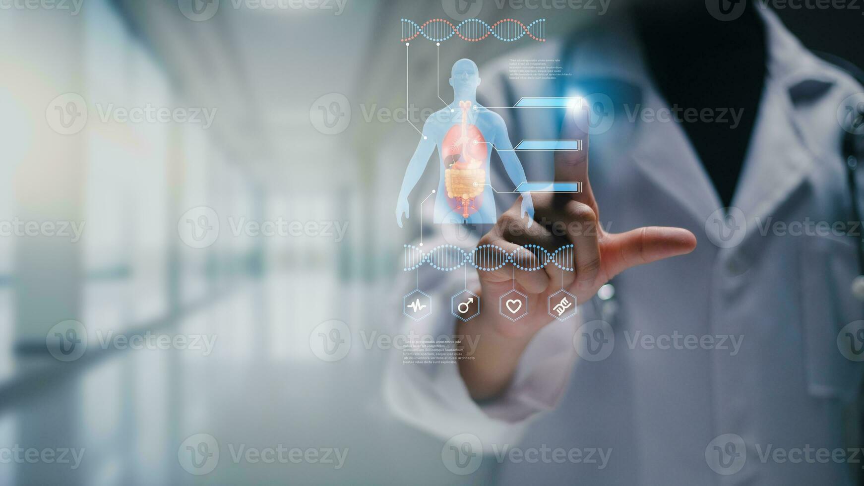 médico de medicina tocando prontuário eletrônico no tablet. ADN. saúde digital e conexão de rede na interface de tela virtual moderna do holograma, tecnologia médica e conceito de rede. foto