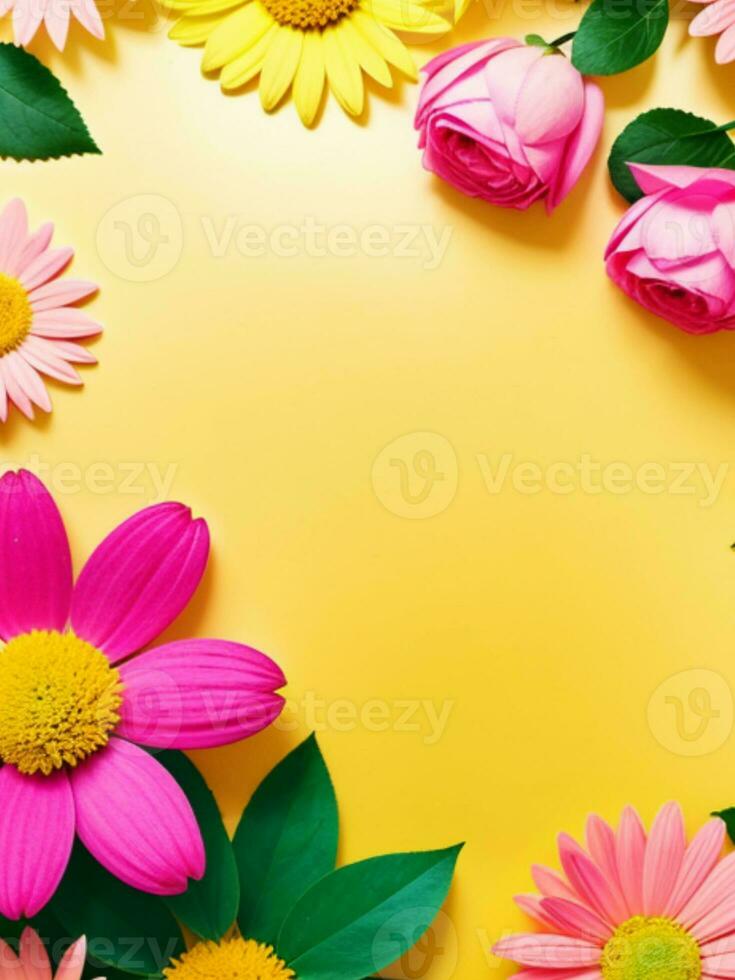 flores composição. quadro, Armação fez do colorida flores em amarelo fundo. plano deitar, topo visualizar, cópia de espaço generativo ai foto