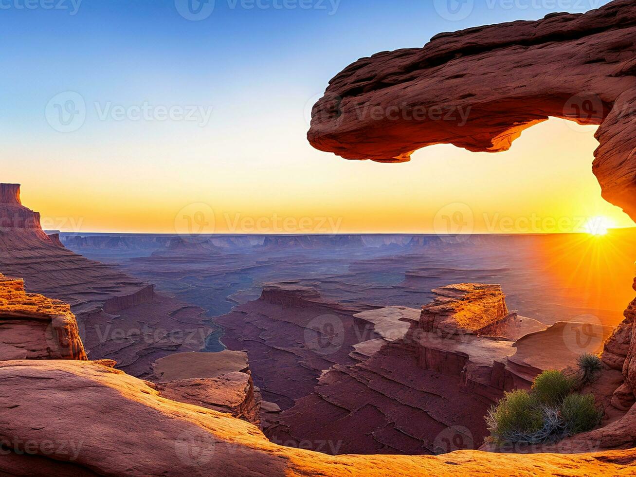 mesa arco panorama às nascer do sol Canyonlands nacional parque foto