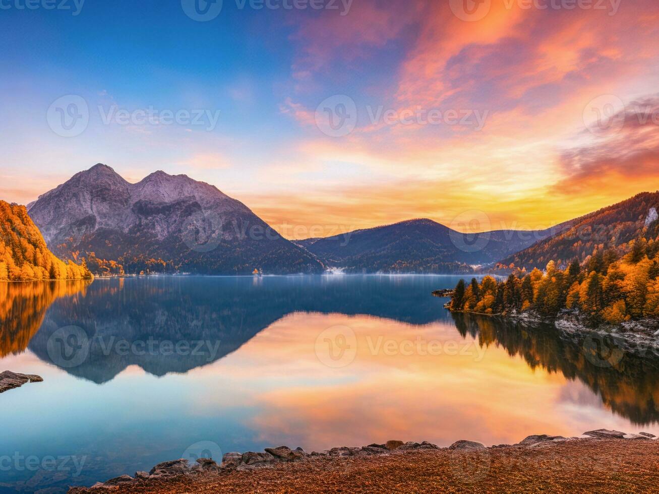 fantástico outono pôr do sol do acompanhante lago foto