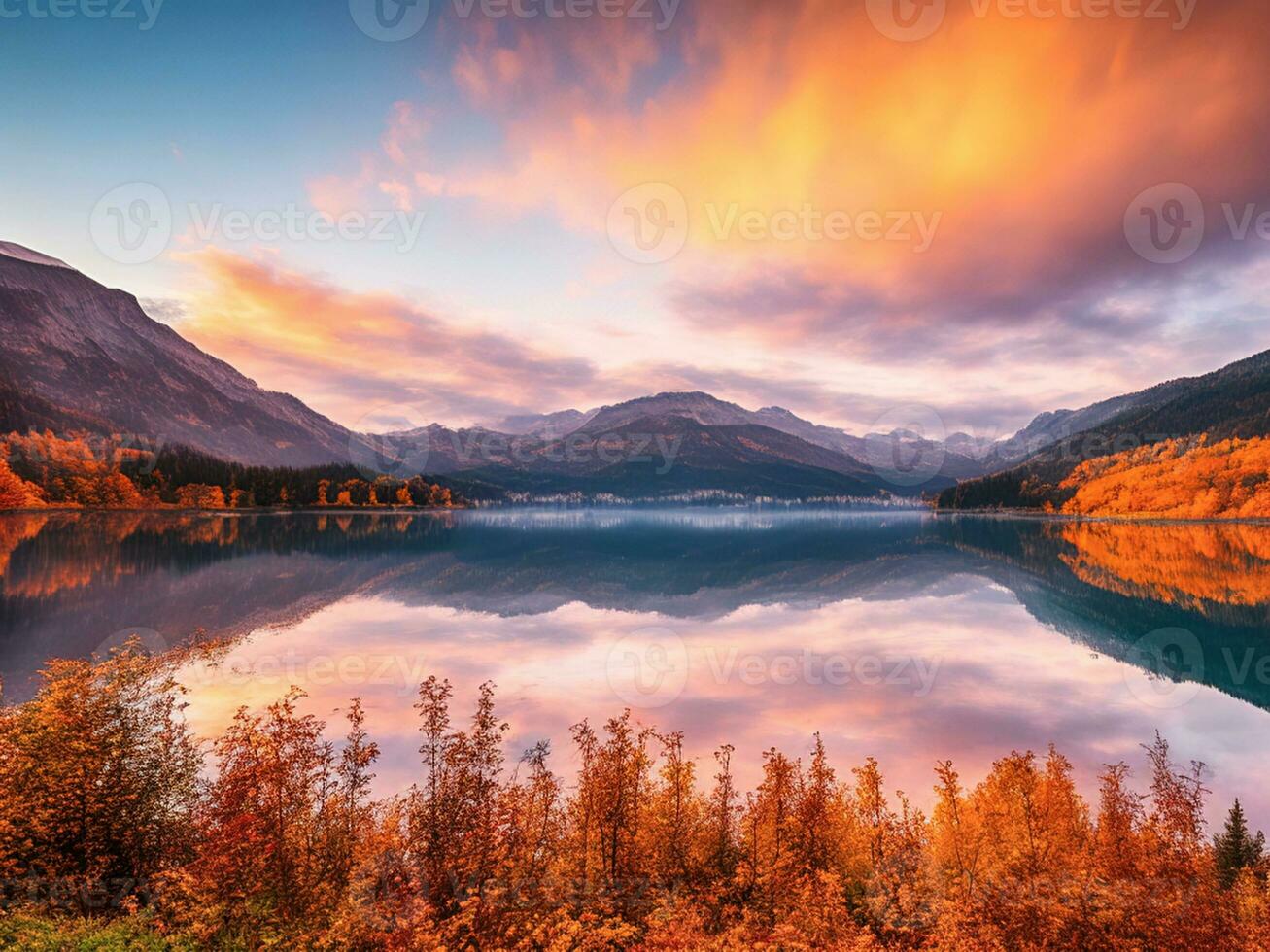 fantástico outono pôr do sol do acompanhante lago foto