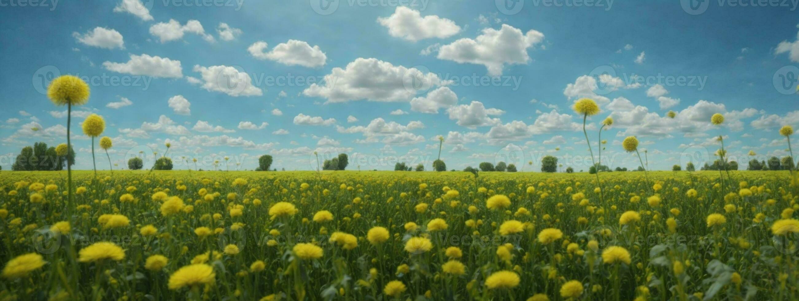 campo com dentes de leão e azul céu. ai gerado foto