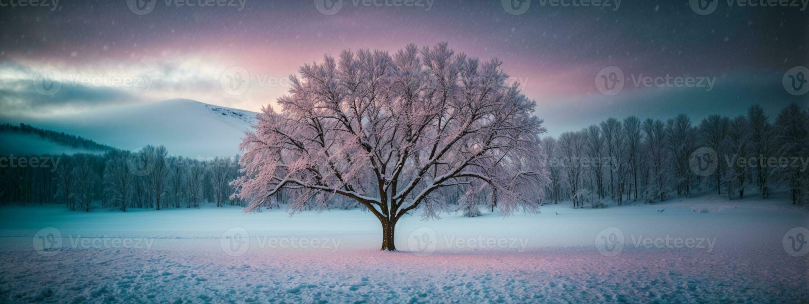 lindo árvore dentro inverno panorama dentro atrasado tarde dentro queda de neve. ai gerado foto