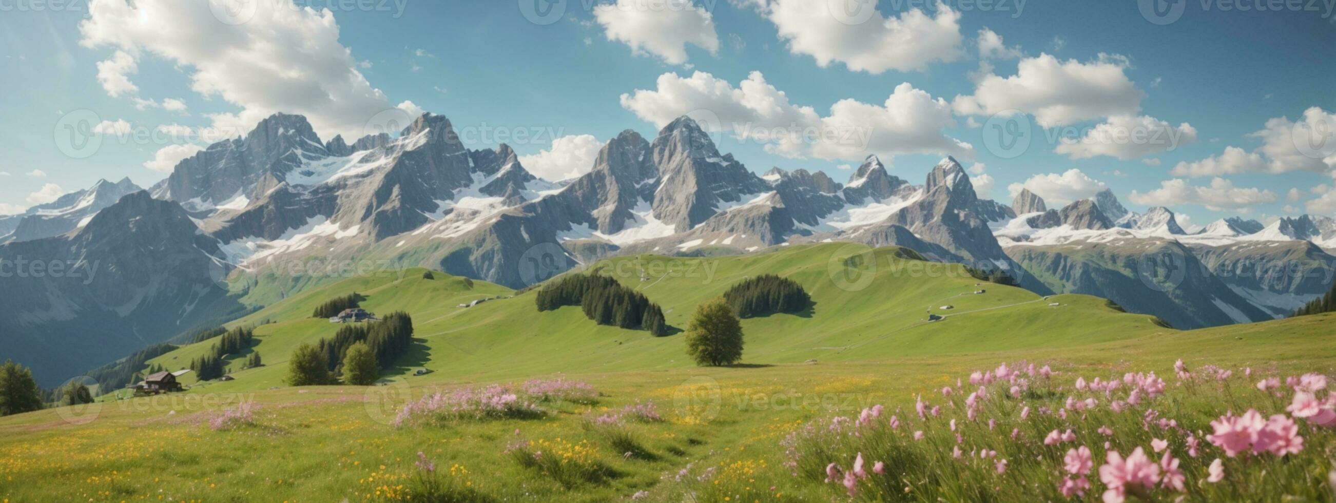 idílico montanha panorama dentro a Alpes com florescendo prados dentro primavera. ai gerado foto