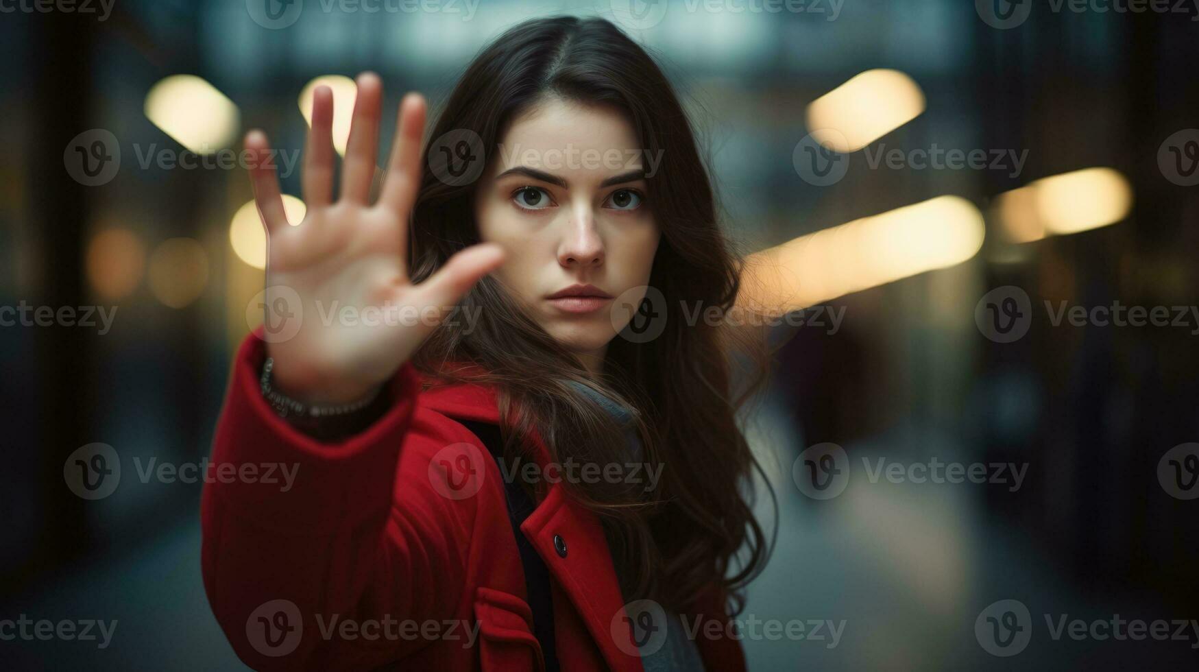 mulher com dela mão estendido sinalização para Pare em cidade rua. foto