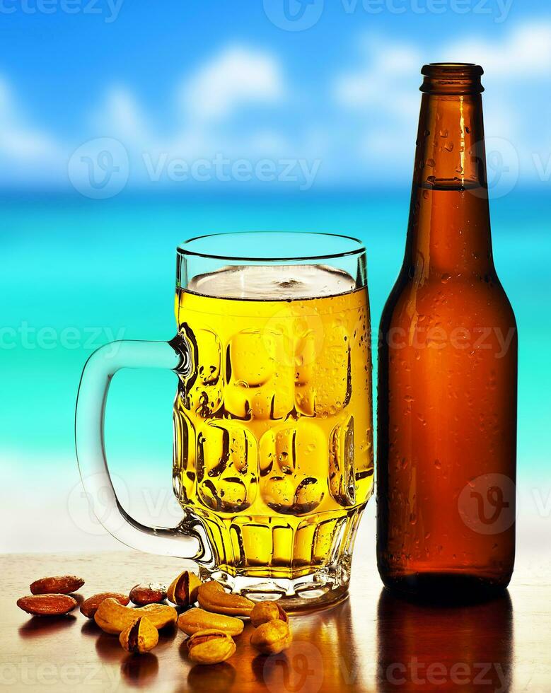 frio Cerveja em a de praia foto