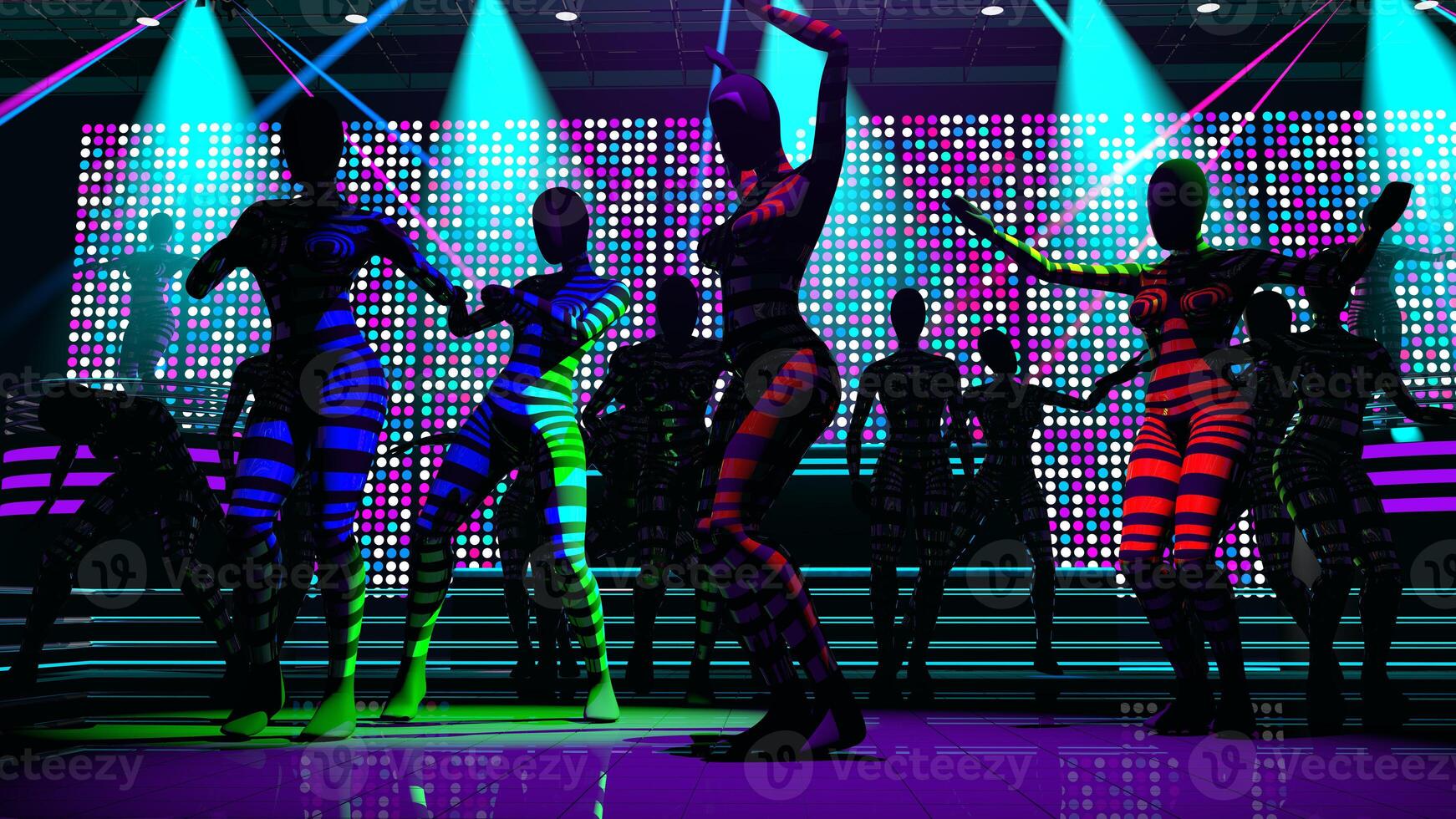 grupo do mulheres dentro colori Barra fantasias dançando dentro uma discoteca com colori ponto tela. 3d ilustração foto