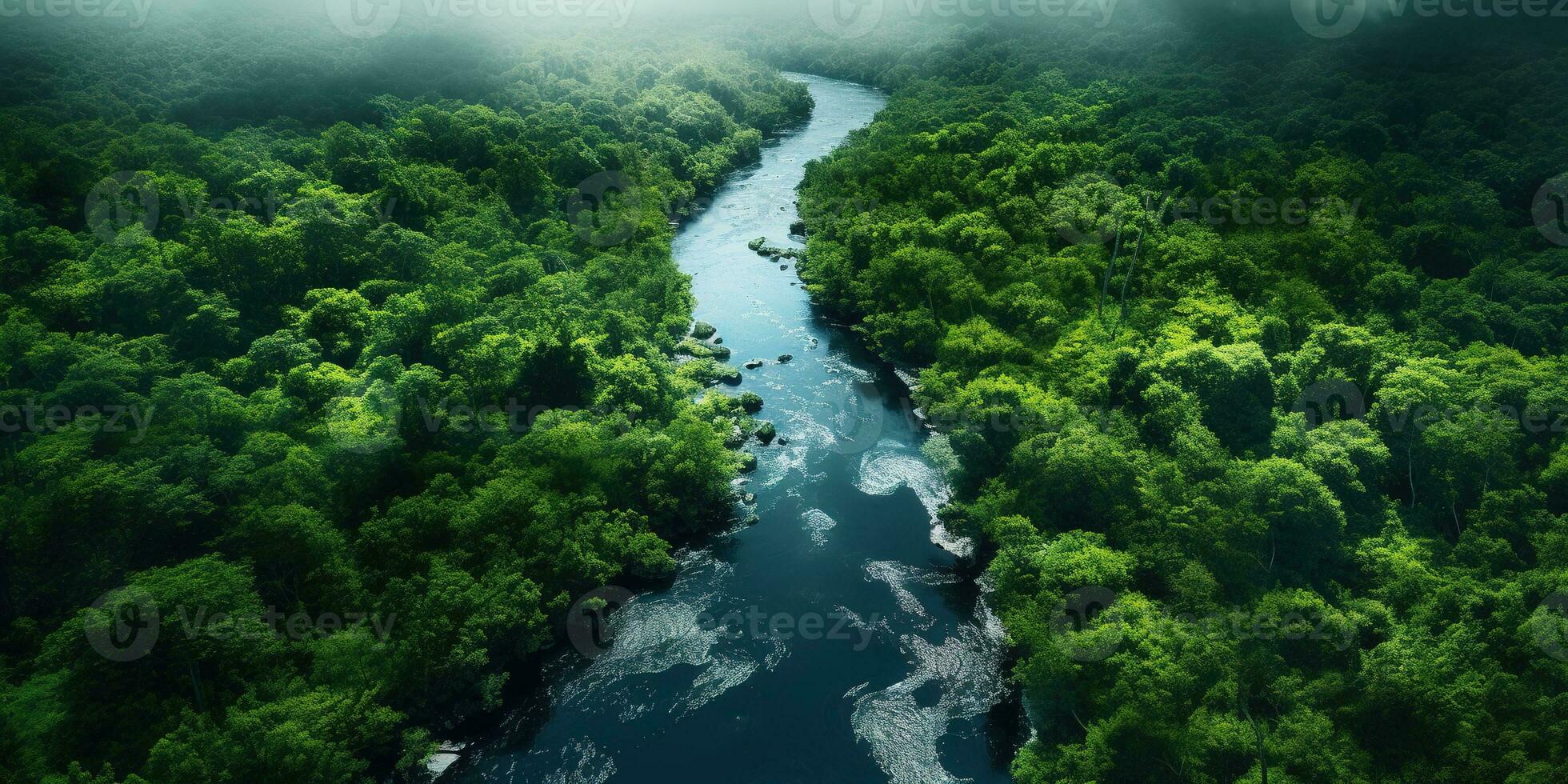 generativo ai, verde lindo amazonense selva panorama com árvores e rio, zangão Visão foto