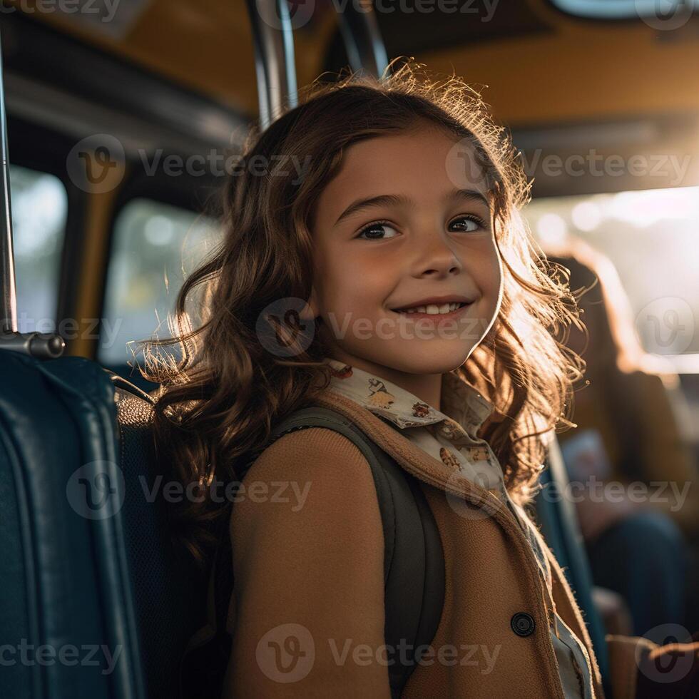 pequeno criança escola menina e ônibus. generativo ai foto