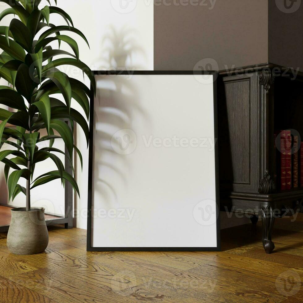 minimalista quadro, Armação brincar poster modelo em a chão com plantar decoração foto