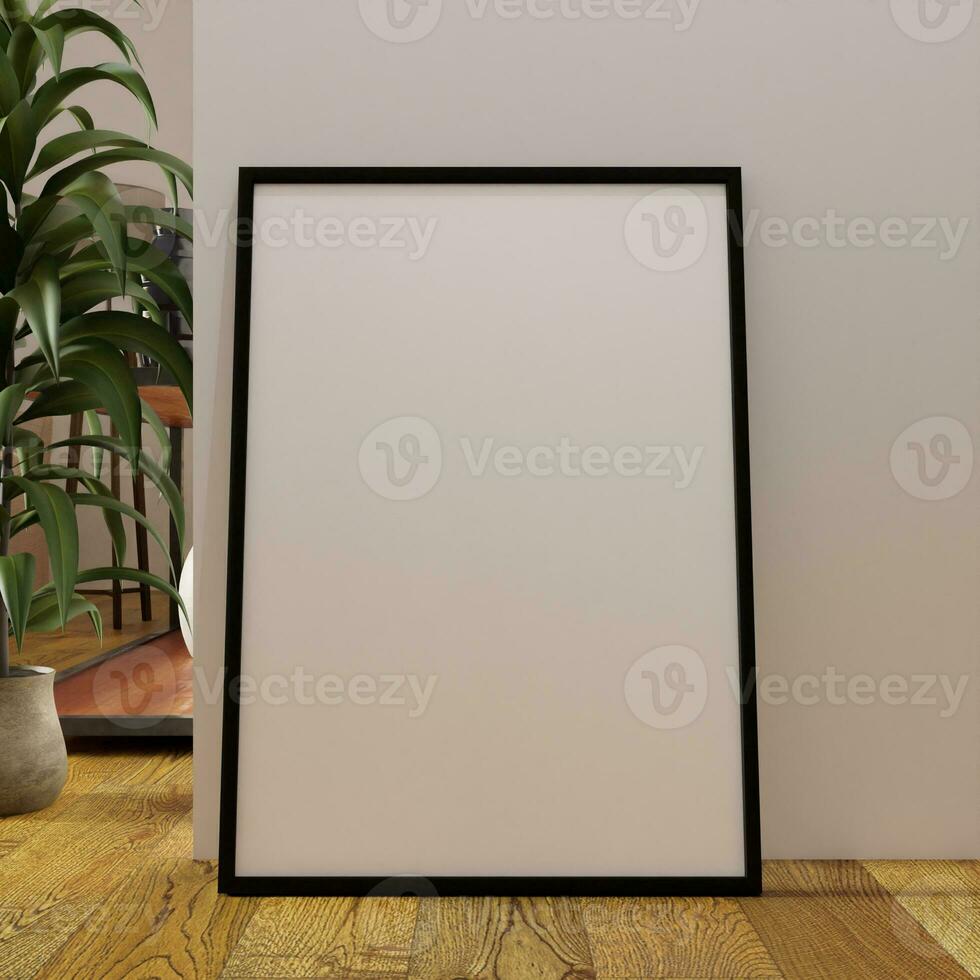 minimalista quadro, Armação brincar poster em a chão inclinado em a branco parede com plantar Como uma decoração foto