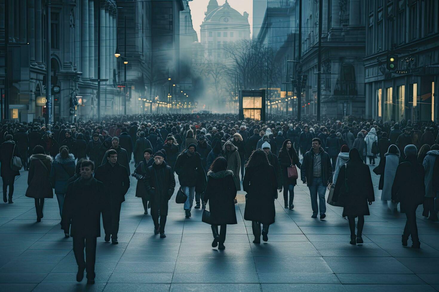 multidões do pessoas caminhando dentro central Londres às noite. anônimo multidão do pessoas caminhando em cidade rua, ai gerado foto