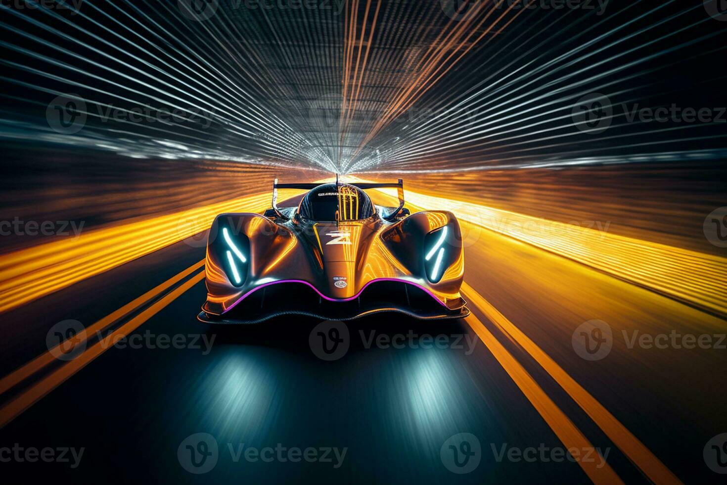 generativo ai. futurista corrida carro ardente através iluminado por neon túnel foto