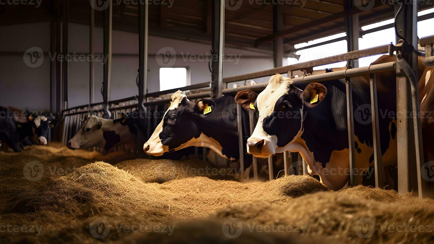 saudável vacas alimentando em feno dentro uma limpar \ limpo e espaçoso estábulo em uma laticínios Fazenda. generativo ai. foto
