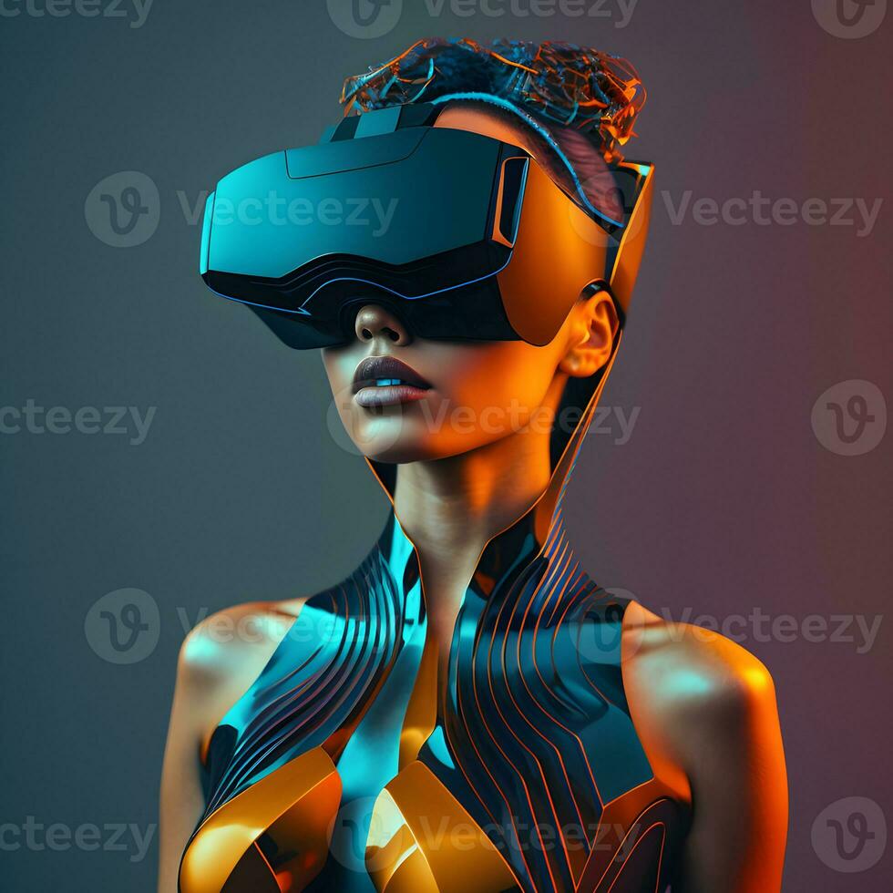 generativo ai. futurista moda sexy menina vestindo vr óculos generativo ai. foto