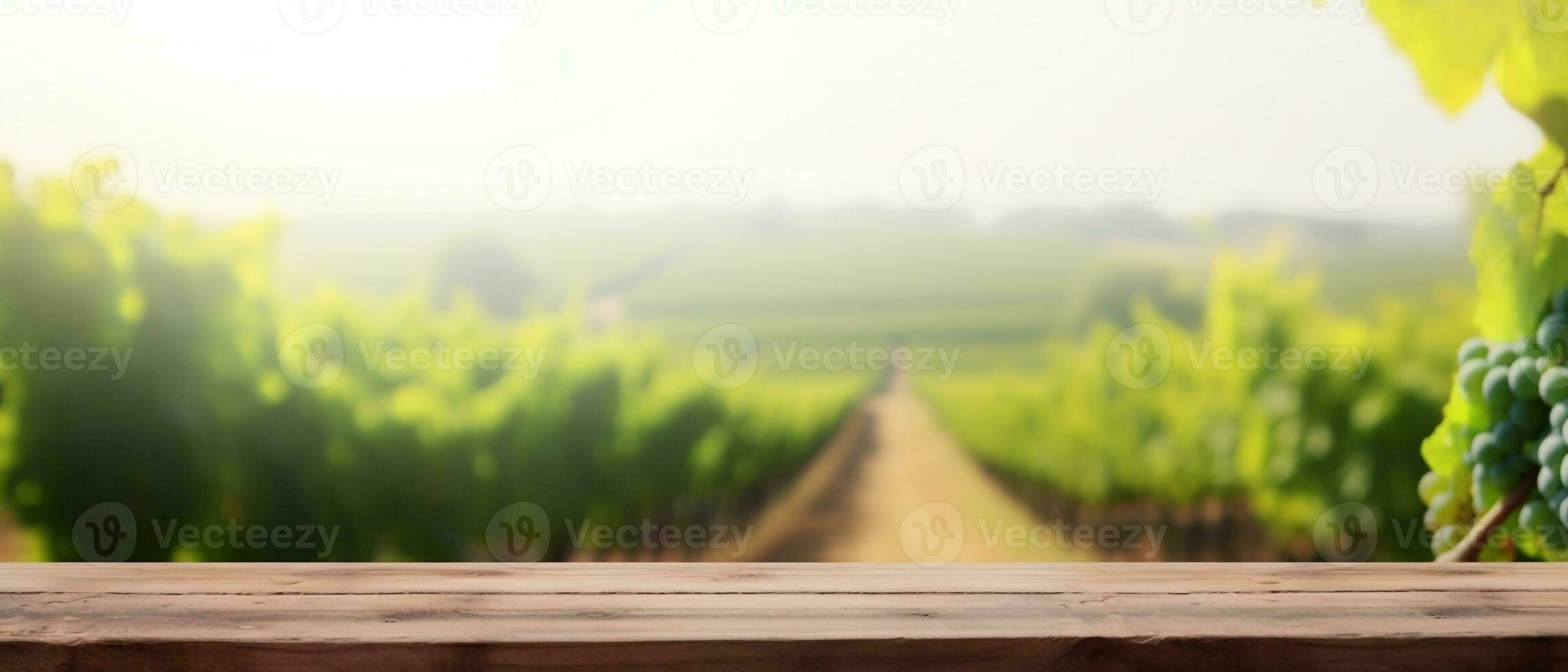 generativo ai. verão Vinhedo vibrações esvaziar de madeira mesa cercado de uvas e borrado fundo foto