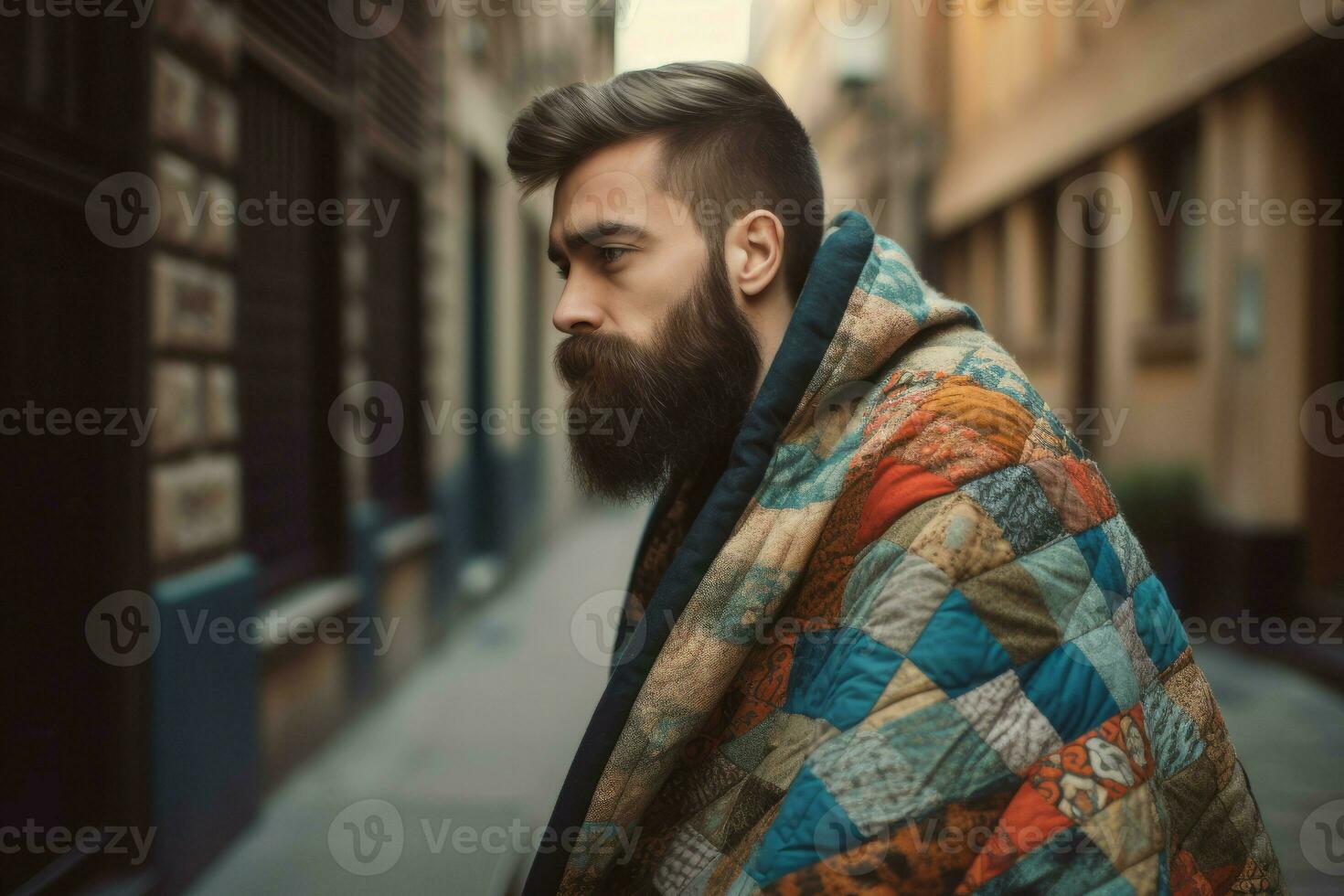 homem cobertor cidade rua abrigo. gerar ai foto